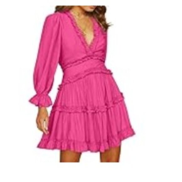 V-neck ruffled flowy summer long-sleeve stretch mini dress - pink - Small - Picture 1 of 3